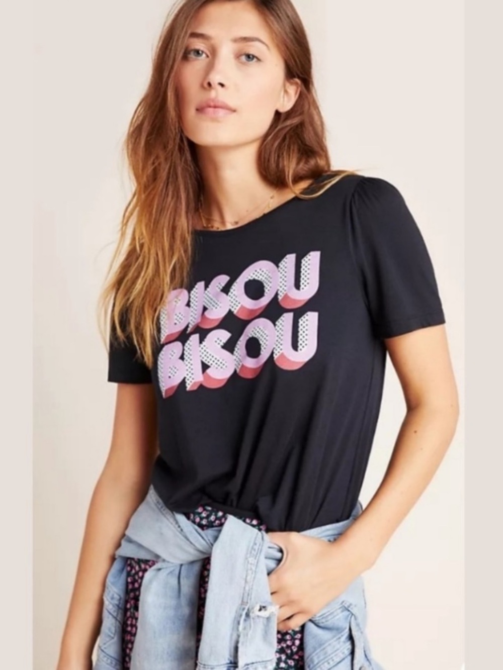 Anthropologie Bisou Bisou Breast Cancer Support Black Graphic Tee